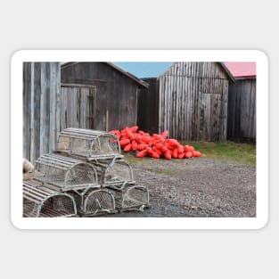 Lobster pots and floats behind the sheds Sticker